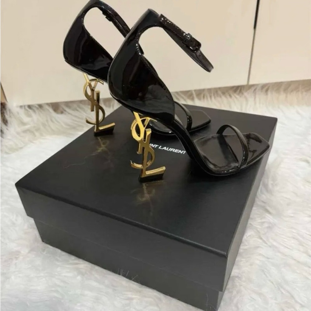 Saint Laurent Black Patent Leather Sandals with Gold Logo
